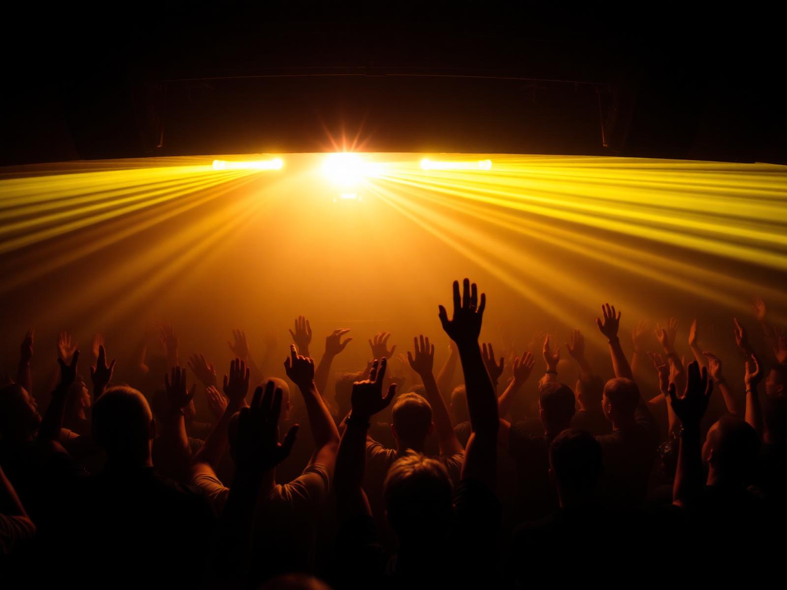 Crowd lit by yellow lasers